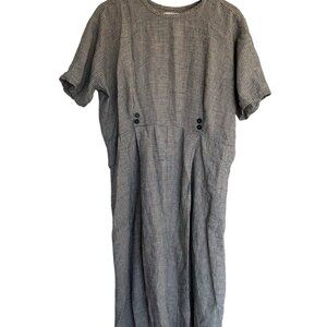 Flax Womens LG Linen Woven Plaid Check Short Sleeve Midi Dress Pockets Lagenlook